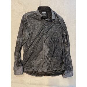 BARABAS Sparkly Button Down Shirt Black Silver Men M Metallic Long Sleeve Collar